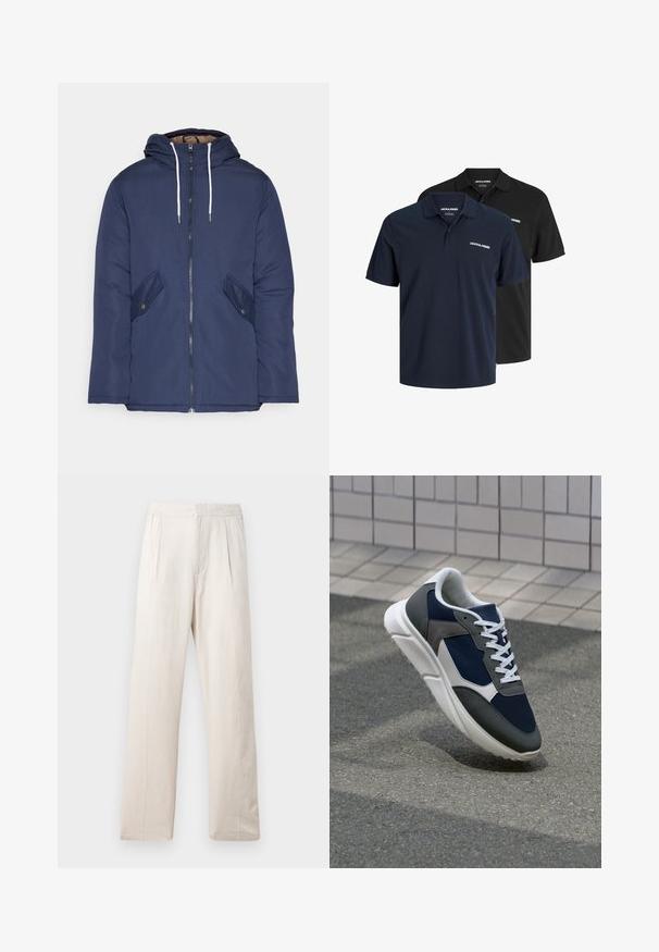 Veste matelassée bleu marine avec capuche, dotée d'une fermeture éclair à l'avant, de deux poches latérales avec boutons et de cordons de serrage blancs.; Deux polos : un bleu marine avec un logo blanc et un noir. Les deux présentent un col classique et des manches courtes, fabriqués en tissu léger.; Pantalons larges beige clair en tissu texturé, avec une taille élastique et deux plis à l'avant pour un détail supplémentaire.; Baskets avec une tige en mesh bleu marine, des accents en suède gris, une semelle en caoutchouc blanc et des lacets plats blancs, conçues pour le confort et la respirabilité.