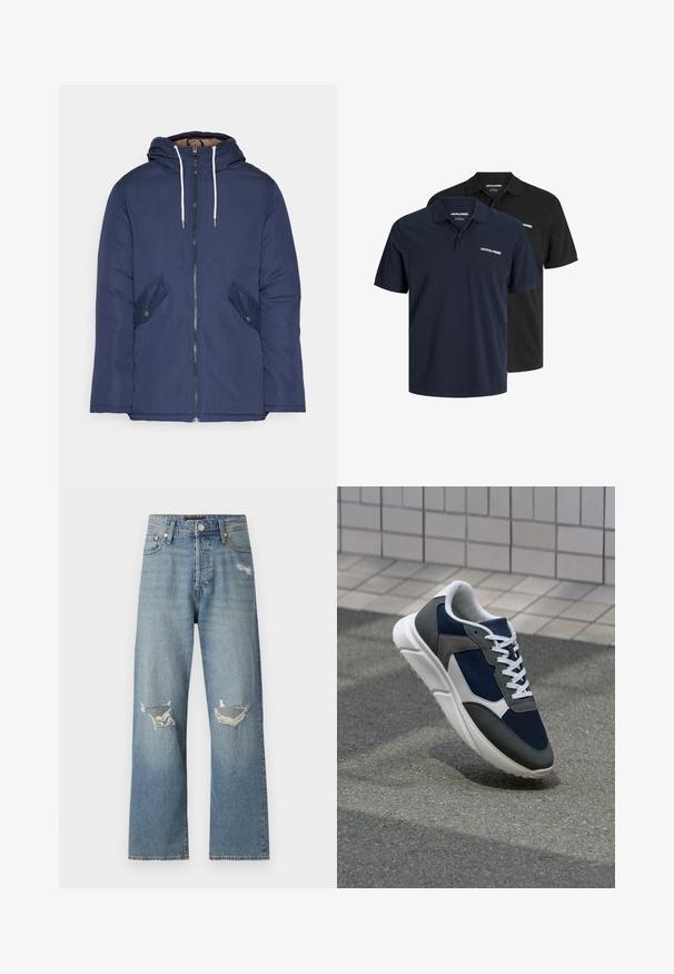 Tumesinine vahtkatseline jakk, millel on kapuuts, esilukk, kaks küljetaskut nupuga ja valged tõmblukud.; Kaks polo särki: üks tumepunane valge logoga ja üks must. Mõlemal on klassikaline krae ja lühikesed varrukad, valmistatud kergest kangast.; Heledad sinise denim püksid sirge jala disainiga. Neil on kaks rebenenud põlvekohaga avamist ja klassikaline tõmblukk koos nupuga kinnitusega.; Sneaker, mille sinine võrkkangas, hallid nubukdetailid, valge kummitald ja lamedad valged paelad, disainitud mugavuseks ja hingavuseks.