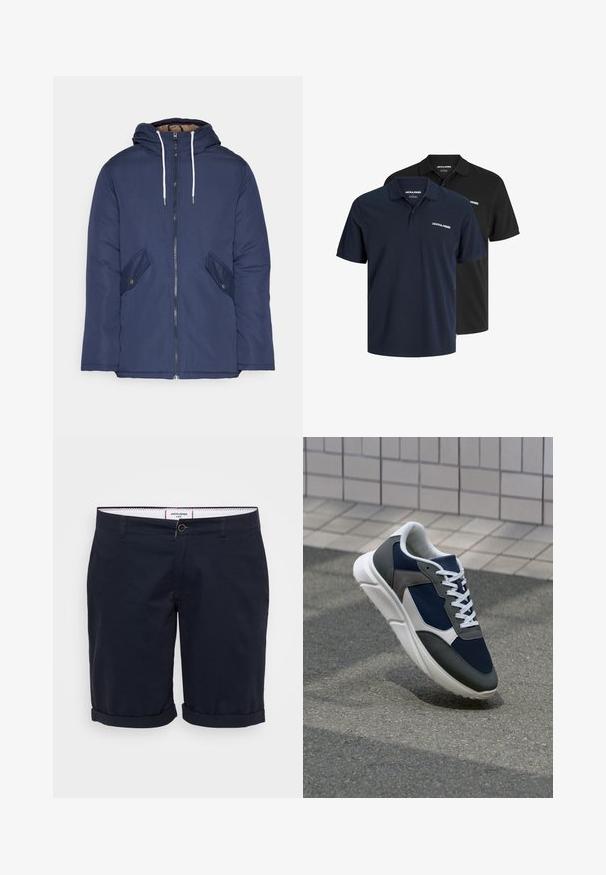 Navy blue padded jacket with a hood, featuring a front zipper, two side pockets with buttons, and white drawstrings.; Two polo shirts: one navy with white logo and one black. Both feature a classic collar and short sleeves, made from lightweight fabric.; Navy blue shorts made of cotton fabric, featuring a flat front, rolled cuffs, and a single front button closure.; Sneaker featuring a navy blue mesh upper, gray suede accents, white rubber sole, and flat white laces, designed for comfort and breathability.
