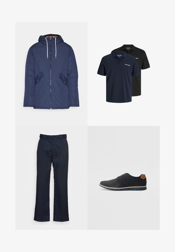 Mornarsko modra podložena jakna s kapuco, ki ima sprednji zadrgo, dva stranska žepa s gumbi in bele vrvice.; Dve polo majice: ena mornarsko modra z belo oznako in ena črna. Obe imata klasičen ovratnik in kratke rokave, izdelani so iz lahkega materiala.; Temno modri hlače z ravno nogo, narejene iz gladkega materiala, z običajnim pasom in brez vidnih vzorcev ali kovinskih delov.; Črne sintetične čevlje z teksturirano zgornjščino, gladkimi akcenti, rjavim petnim delom in kontrastnim podplatom. Imajo minimalno vezanje in detajle šivanja.