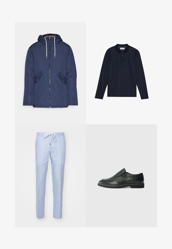 Marineblå polstret jakke med hette, med glidelås foran, to sidelommer med knapper og hvite snorer.; Marineblå langermet polo med krage, med tynne vertikale striper og knappelukking med tre knapper. Myk stofftekstur.; Lyseblå linbukser med rett passform, med strikk i livet og en glatt tekstur. Ingen synlige lommer eller dekorative elementer.; Sorte skinn slip-on sko med en jevn overflate, stikking detaljer, rund tå og en lav gummihæl. Sålen har minimal mønstring.