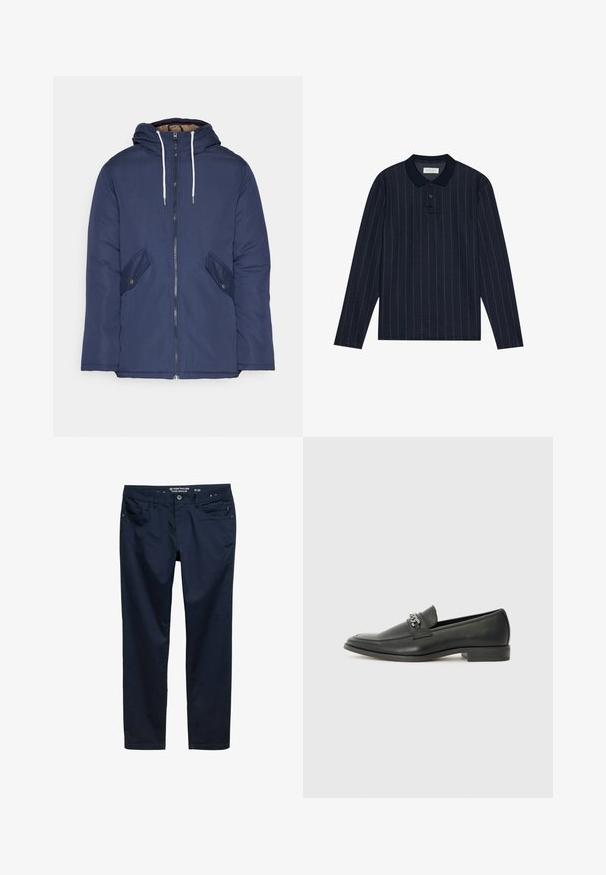 Jūrinė mėlyna pūkinė striukė su kapišonu, turinti priekinį užtrauktuką, dvi šonines kišenes su sagomis ir baltus raiščius.; Jūros mėlynos ilgos rankovės polo marškiniai su apykaklės iškirpte, su plonomis vertikaliomis juostelėmis ir trims mygtukais. Minkšta audinio tekstūra.; Tamsiai mėlynos kelnės, pagamintos iš lygaus medvilnės audinio, su įprastu kirpimu, penkiomis kišenėmis ir užtrauktuku su mygtuko uždarymu.; Juodos odinės loafer tipo bateliai su lygiu paviršiumi, turintys siuvinėtą dizainą ir dekoratyvų metalo grandinėlės akcentą ant batų viršaus. Plokščias kulnas.