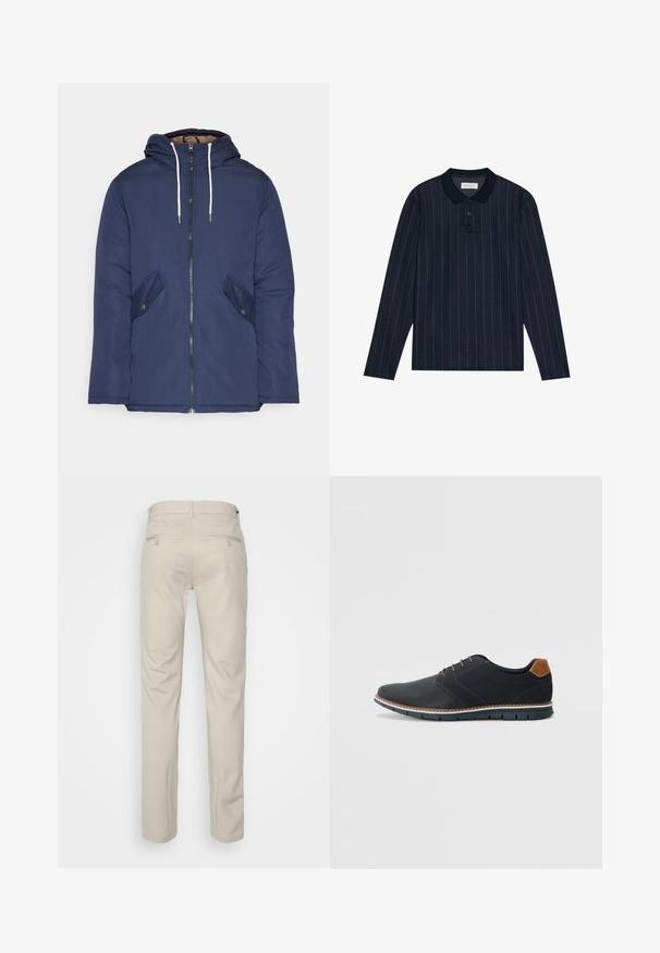 Casaco acolchoado azul-marinho com capuz, apresentando um fecho frontal com zíper, dois bolsos laterais com botões e cordões brancos.; Polo de manga longa azul-marinho com collar, apresentando finas riscas verticais e abertura com três botões. Textura de tecido suave.; Calças bege com uma textura suave, corte reto, dois bolsos traseiros com botões e uma cintura padrão.; Sapatos sintéticos pretos com um upper texturizado, pormenores lisos, salto castanho e uma sola contrastante. Apresentam um sistema de atacadores mínimo e detalhes de costura.