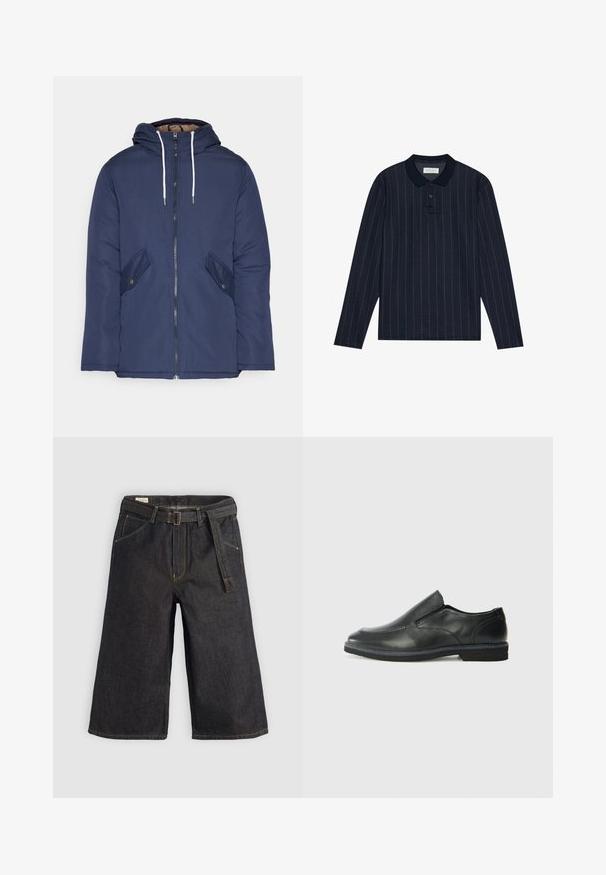 Veste matelassée bleu marine avec capuche, dotée d'une fermeture éclair à l'avant, de deux poches latérales avec boutons et de cordons de serrage blancs.; Polo à manches longues bleu marine avec un col, arborant de fines rayures verticales et une patte de boutonnage à trois boutons. Texture de tissu douce.; Culottes en denim foncé avec une coupe large, des passants de ceinture et une ceinture en tissu. Couture contrastante et poches de chaque côté.; Chaussure slip-on en cuir noir avec une tige lisse, des accents cousus, un bout arrondi et un petit talon en caoutchouc. La semelle présente un profil de traction minimal.