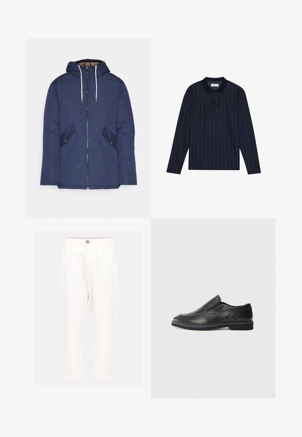 Veste matelassée bleu marine avec capuche, dotée d'une fermeture éclair à l'avant, de deux poches latérales avec boutons et de cordons de serrage blancs.; Polo à manches longues bleu marine avec un col, arborant de fines rayures verticales et une patte de boutonnage à trois boutons. Texture de tissu douce.; Pantalon en coton blanc à coupe décontractée, avec une fermeture à bouton à l'avant, deux poches latérales et des poignets retroussés. Texture lisse et lignes épurées.; Chaussure slip-on en cuir noir avec une tige lisse, des accents cousus, un bout arrondi et un petit talon en caoutchouc. La semelle présente un profil de traction minimal.