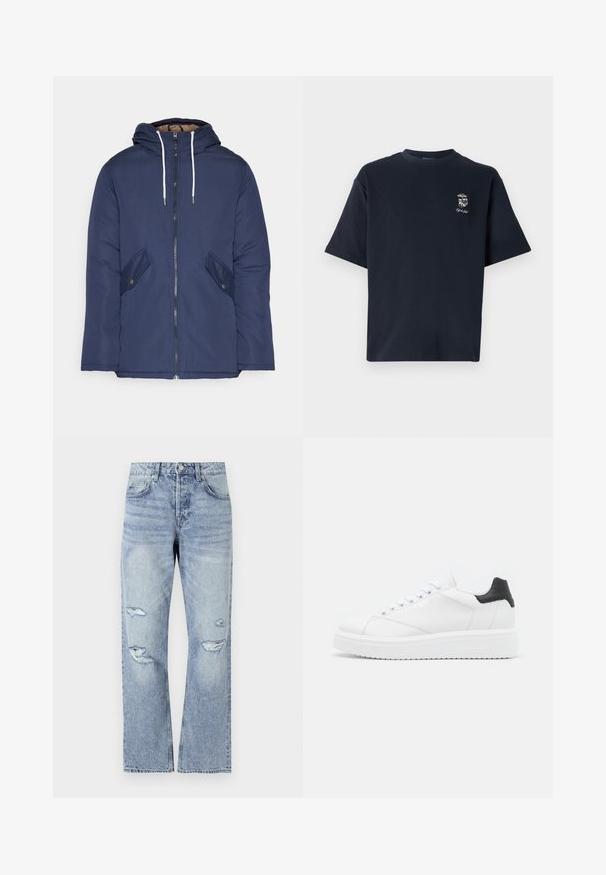 Námornícky modrá vystužená bunda s kapucňou, so zipsom vpredu, dvomi bočnými vreckami s gombíkmi a bielymi šnúrkami.; Námornícky modré bavlnené tričko s krátkymi rukávmi, okrúhlym výstrihom a malou vyšitou grafikou na ľavej hrudi.; Svetlomodré džínsové nohavice so strihom rovného nohavice, s módnymi roztrhnutiami na kolenách a klasickým päť-pocket dizajnom.; Biele kožené tenisky s čiernym pätkovým detailom, plochými šnúrkami, textúrovanou medzipodrážkou a logom na vonkajšej strane. Navrhnuté na neformálne nosenie.