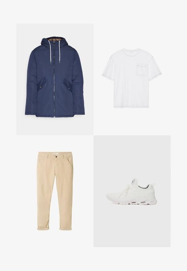 Marineblau gepadded Jacke mit Kapuze, ausgestattet mit einem Reißverschluss vorne, zwei seitlichen Taschen mit Knöpfen und weißen Kordeln.; Weißes Baumwoll-T-Shirt mit kurzen Ärmeln, Rundhalsausschnitt und einer Brusttasche. Verfügt über kontrastierende Nähte entlang der Kanten.; Beige Baumwoll-Chinos mit schlanker Passform, ausgestattet mit einem Knopfverschluss, Seitentaschen und hochgerollten Säumen, glatter Textur und minimalen Nähdetails.; Weiße Sportschuhe mit einem strukturierten Strickobermaterial, flachen Schnürsenkeln und einer gepolsterten Sohle mit sichtbaren Luftkammern für zusätzlichen Halt.