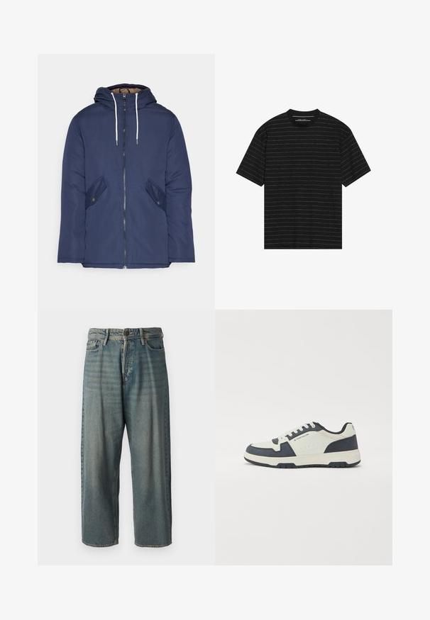 Giacca imbottita blu navy con cappuccio, dotata di zip frontale, due tasche laterali con bottoni e lacci bianchi.; T-shirt nero a maniche corte con sottili righe orizzontali bianche. Realizzato in tessuto morbido con scollatura rotonda e vestibilità comoda.; Jeans di denim azzurro chiaro con vestibilità ampia, vita media e gambe dritte. Presenta cinque tasche, passanti per cintura e chiusura con bottone.; Sneaker navy e grigio chiaro con tomaia in suede e pelle, linguetta imbottita e design con lacci. Suola in gomma con motivo antiscivolo.