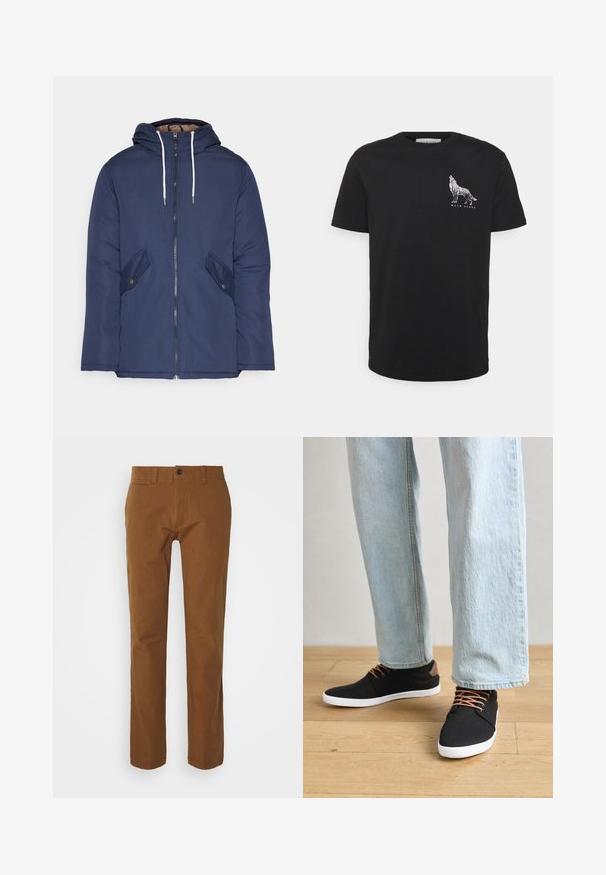 Marineblauwe gewatteerde jas met een capuchon, voorzien van een rits aan de voorkant, twee zijzakken met knopen en witte trekkoorden.; Zwarte katoenen T-shirt met ronde hals. Bevat een witte afbeelding van een wolf en de tekst "WALK ALONE" op de borst. Korte mouwen.; Bruine chino broek met een slanke pasvorm, een platte voorkant, twee voorkruiden en een enkele knoopsluiting in de taille. Gemaakt van lichtgewicht stof.; Zwarte canvas sneakers met bruine accenten, witte rubberen zolen en bruine veters, gecombineerd met lichtblauwe spijkerbroeken met rechte pijpen. Houten vloer als achtergrond.