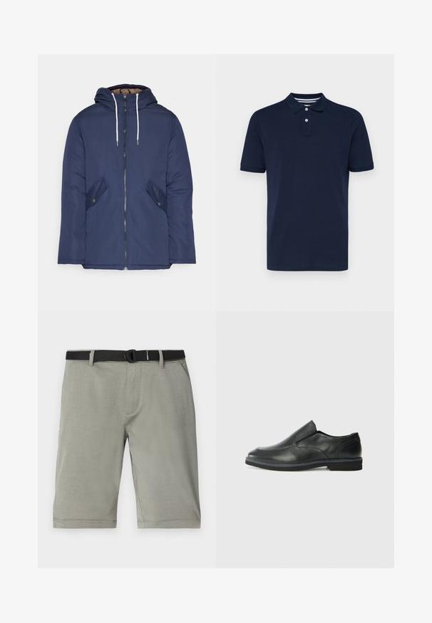 Navy blue padded jacket with a hood, featuring a front zipper, two side pockets with buttons, and white drawstrings.; Navy blue short-sleeve polo shirt made of cotton, featuring a collared neckline with three buttons and subtle horizontal stripes on the collar.; Gray shorts made of a textured fabric, featuring a black belt, standard pockets, and a hem finishing just above the knee.; Black leather slip-on shoe with a smooth upper, stitched accents, rounded toe, and a low rubber heel. Sole features minimal tread.