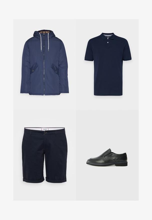 Jūras zila pufīgā jaka ar kapuci, kas aprīkota ar priekšējo rāvējslēdzēju, divām sānu kabatām ar pogām un baltiem aukliņām.; Jūras zila īsām piedurknēm polo krekls, kas izgatavots no kokvilnas, ar apkakli un trim pogām, kā arī nemanāmiem horizontāliem svītrām apkaklī.; Tums zilas šortas, izgatavotas no kokvilnas auduma, ar plakanu priekšpusi, rullētām piedurknēm un ar vienu priekšpuses pogu.; Melnas ādas slip-on kurpes ar gludu augšdaļu, izšūtām akcentiem, noapaļotu purngala daļu un zemu gumijas papēdi. Zole ar minimālu rakstu.