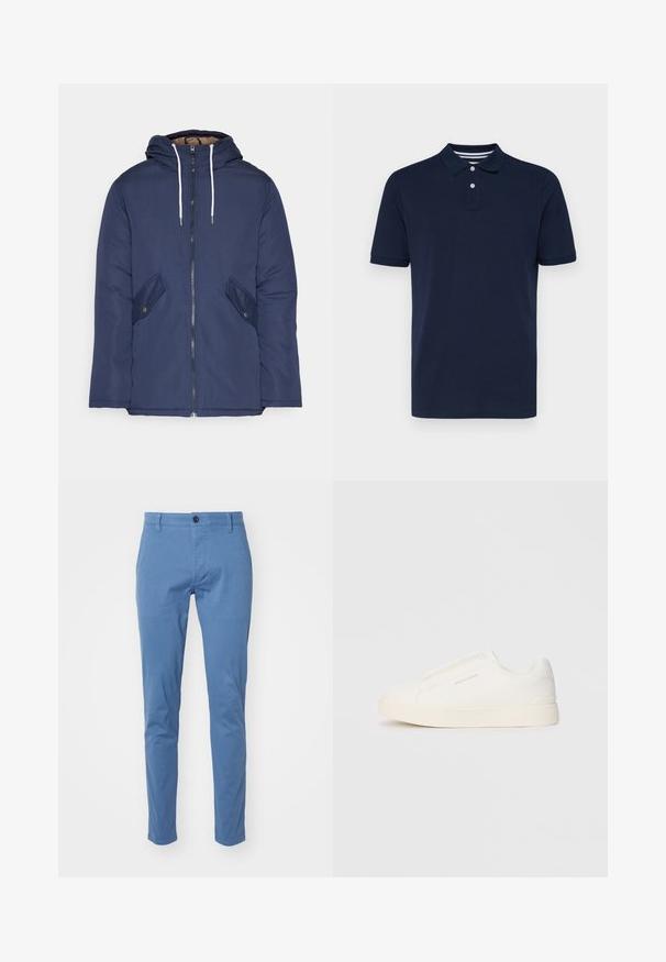 Mørkeblå polstret jakke med hætte, fremhævet af en frontlynlås, to sidelommer med knapper og hvide snore.; Mørkeblå kortærmet polo skjorte lavet af bomuld, med en kravehals og tre knapper samt subtile vandrette striber på kraven.; DOCKERS SMART SUPREME FLEX SKINNY - Chino - bluefin; Hvide slip-on sneakers med en struktureret overflade, en tyk sål og et minimalistisk design. Har brandlogoet på siden.