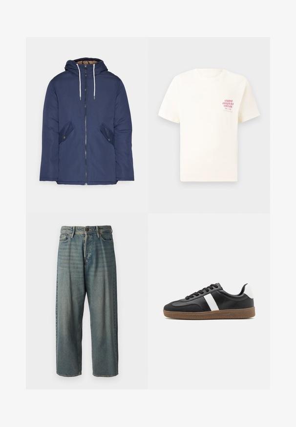 Casaco acolchoado azul-marinho com capuz, apresentando um fecho frontal com zíper, dois bolsos laterais com botões e cordões brancos.; T-shirt branca de mangas curtas com o texto vermelho "Edição Originais do Estúdio" no lado esquerdo do peito, apresentada sobre um fundo cinza neutro.; Jeans de ganga azul claro com um corte solto, cintura média e pernas retas. Apresenta cinco bolsos, passadores de cinto e fecho com botão.; Sapatilha preta com risca branca, feita de couro liso, apresentando uma sola de borracha com padrão texturizado e sistema de atacadores.