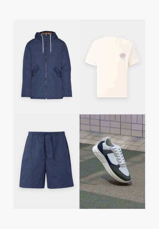 Marinblå vadderad jacka med huva, som har en framdragkedja, två sidofickor med knappar och vita dragsnören.; Vit kortärmad T-shirt med röd text "Studio Originals Edition" på vänster bröst, är uppställd på en neutral grå bakgrund.; Marinblå shorts i lättviktig tyg, med resårmidja och dragsko, sidofickor och avslappnad passform.; Vit, marinblå och grå sneaker med en blandad materialdesign, som har ett texturerat ovandel, platta snören och en vadderad sula.