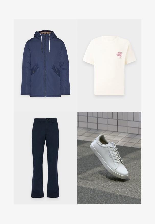 Navy blue padded jacket with a hood, featuring a front zipper, two side pockets with buttons, and white drawstrings.; White short-sleeve T-shirt with red text "Studio Originals Edition" on left chest, displayed on a neutral gray background.; Navy blue cotton pants with a straight leg design, featuring a front button closure, belt loops, and two side pockets. Smooth texture.; White sneaker made of textured leather, featuring a lace-up front, sturdy rubber sole, and minimalistic design with a reinforced toe.