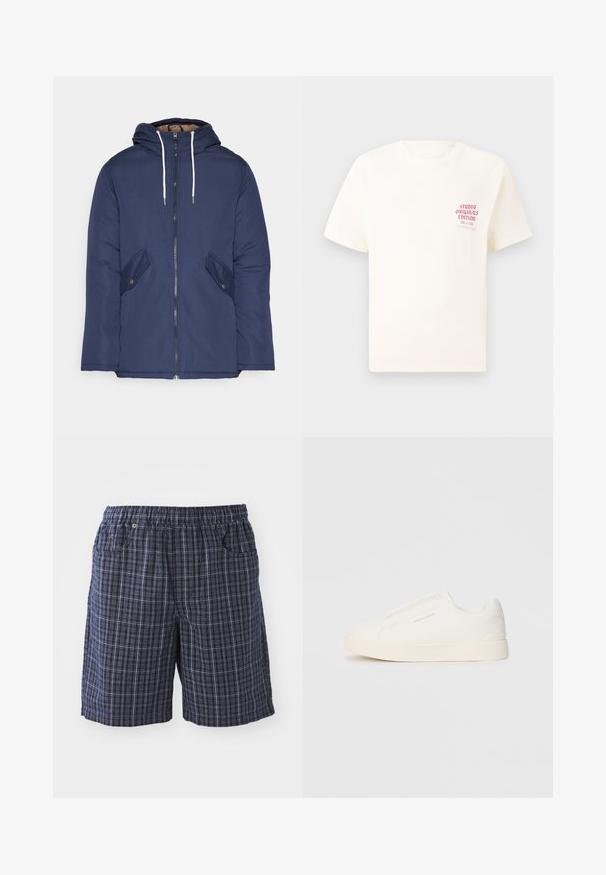 Jūras zila pufīgā jaka ar kapuci, kas aprīkota ar priekšējo rāvējslēdzēju, divām sānu kabatām ar pogām un baltiem aukliņām.; Balts īsām piedurknēm T-krekls ar sarkanu tekstu "Studio Originals Edition" uz kreisā krūšu, pakārtots neitrālā pelēkā fonā.; Jūras spēku raksta šorti ar elastīgu jostasvietu, ar kabatām un brīvu piegriezumu. Izgatavoti no viegla auduma ar šaha rakstu.; Baltas slip-on sporta apavi ar teksturētu virsmu, biezu zoli un minimālistisku dizainu. Sānos redzams zīmola logotips.