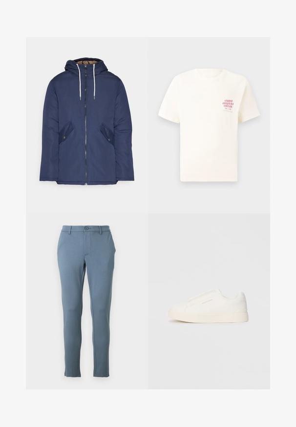 Marineblå polstret jakke med hette, med glidelås foran, to sidelommer med knapper og hvite snorer.; Hvit T-skjorte med korte ermer og rød tekst "Studio Originals Edition" på venstre bryst, vist på en nøytral grå bakgrunn.; Lyseblå tettsittende bukser laget av et mykt stoff, med en glatt tekstur, frontlukking med knapp og skreddersydde sømmer langs sidene.; Hvite slip-on joggesko med teksturert overflate, tykk såle og minimalistisk design. Har merkevarelogo på siden.