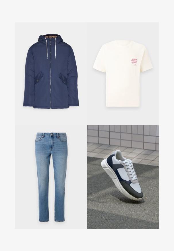 Tumesinine vahtkatseline jakk, millel on kapuuts, esilukk, kaks küljetaskut nupuga ja valged tõmblukud.; Valge lühikeste varrukatega T-särk, millel on vasakul rinnal punane tekst "Studio Originals Edition", esitatud neutraalsel hallil taustal.; Heledad sinine teksapüksid sirge lõikega, viie taskuga disain ja peened kulumise detailid kangal. Metallist nööp ja tõmblukk.; Valge, mereväe sinine ja hall spordijalats, millel on segatud materjalide disain, tekstureeritud ülemine osa, lame pael ja pehme talla.