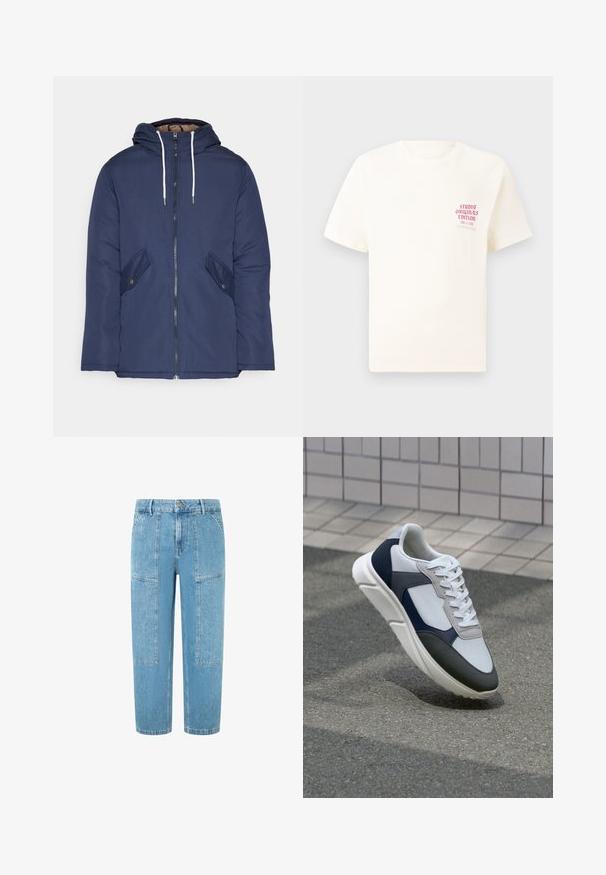 Navy blue padded jacket with a hood, featuring a front zipper, two side pockets with buttons, and white drawstrings.; White short-sleeve T-shirt with red text "Studio Originals Edition" on left chest, displayed on a neutral gray background.; Denim jeans in light blue with a straight cut, featuring two large patch pockets and subtle distressed detailing on the fabric.; White, navy, and gray sneaker with a mixed material design, featuring a textured upper, flat laces, and a cushioned sole.