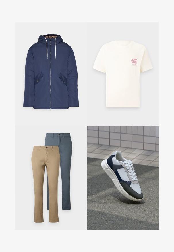 Mørkeblå polstret jakke med hætte, fremhævet af en frontlynlås, to sidelommer med knapper og hvide snore.; Hvid kortermet T-shirt med rød tekst "Studio Originals Edition" på venstre bryst, vist på en neutral grå baggrund.; To par lige bukser: én i kaki og én i mørkeblå. Lavet af bomuld; har en talje og knaplukning.; Hvide, marineblå og grå sneakers med et design i blandede materialer, der har en tekstureret overdel, flade snørebånd og en polstret sål.