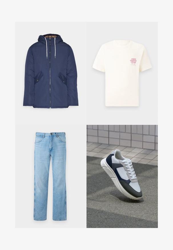 Tumesinine vahtkatseline jakk, millel on kapuuts, esilukk, kaks küljetaskut nupuga ja valged tõmblukud.; Valge lühikeste varrukatega T-särk, millel on vasakul rinnal punane tekst "Studio Originals Edition", esitatud neutraalsel hallil taustal.; Heledad sinised sirged teksad, valmistatud denimist, klassikalise viie-tasku disainiga, õmbluste detailidega ja metallist nupuga kinnitusega.; Valge, mereväe sinine ja hall spordijalats, millel on segatud materjalide disain, tekstureeritud ülemine osa, lame pael ja pehme talla.