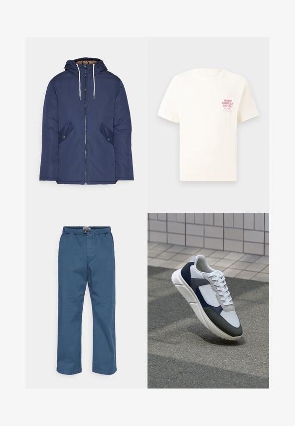 Námorně modrá prošívaná bunda s kapucí, která má přední zip, dvě boční kapsy s knoflíky a bílé šňůrky.; Bílý krátký rukávový tričko s červeným textem "Studio Originals Edition" na levé hrudi, vystavené na neutrálním šedém pozadí.; Chino kalhoty v tmavě modré bavlně. Mají elastický pas, rovné nohavice a hladkou texturu. Žádné viditelné vzory ani ozdoby.; Bílé, námořnické a šedé tenisky s kombinovaným materiálovým designem, který zahrnuje texturovaný svršek, ploché šňůrky a polstrovanou podešev.