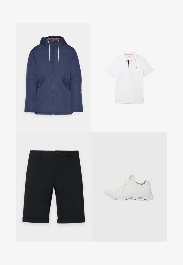 Sötétkék bélelt dzseki kapucnival, elülső cipzárral, két oldalsó zsebbel gombokkal és fehér húzózsinórokkal.; Fehér póló fekete gallérral, narancssárga díszítéssel, rövid ujjú, és egy kis logóval a mellkason. Lélegző pamutkeverékből készült.; Fekete pamut rövidnadrág gombos zárással, lapos elejű, felgöngyölt szárakkal és hátsó zsebekkel. Sima texútú, testhezálló fazon.; Fehér sportcipők, texturált kötött felsőrésszel, lapos fűzőkkel és párnázott talppal, amely látható légkamrákkal rendelkezik a megerősített kényelem érdekében.