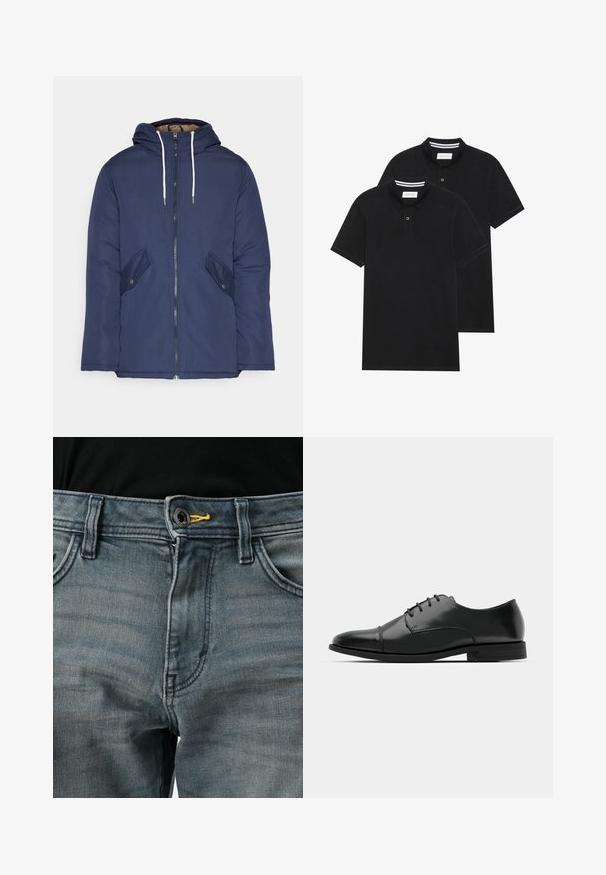 Tumesinine vahtkatseline jakk, millel on kapuuts, esilukk, kaks küljetaskut nupuga ja valged tõmblukud.; Kaks musta polo särki, lühikeste varrukatega, puuvillane materjal, klassikalise kraega, kahe nupuga kinnitusega, valgete triipudega krae sisepinnal.; Plekkidega sinised denim teksad, millel on nuppude sulgemine, kollane aktsent vöökoha juures ning klassikaline viie tasku disain. Kangas näeb välja pehme ja kulunud.; Must must esine tugeva varbaga, luku kinnitusega, peente õmblustete detailidega ja madala kontsaga. Sile tekstuur ja poleeritud viimistlus.