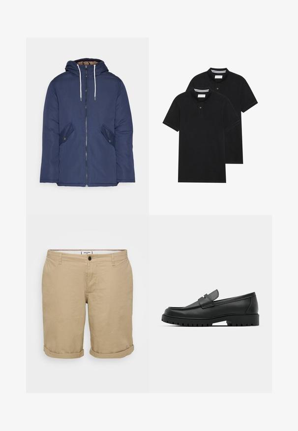 Marineblau gepadded Jacke mit Kapuze, ausgestattet mit einem Reißverschluss vorne, zwei seitlichen Taschen mit Knöpfen und weißen Kordeln.; Zwei schwarze Polohemden, kurzärmlig, aus Baumwolle, mit einem klassischen Kragen, zwei Knöpfen und weißen Streifenakzenten im Inneren des Kragens.; Helle khakifarbene Shorts mit geradem Schnitt, aus Baumwolle. Verfügt über einen einzelnen Frontknopf, seitliche Taschen und hochgekrempelte Säume.; Schwarze Lederloafer mit runder Zehenform, ausgestattet mit einem gesteppten Design, niedrigem Plattformsohle und einer strukturierten, genoppten Gummisohle.