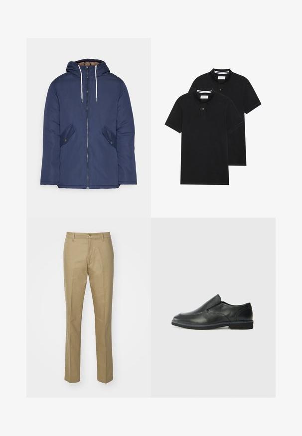 Navy blue padded jacket with a hood, featuring a front zipper, two side pockets with buttons, and white drawstrings.; Two black polo shirts, short-sleeved, cotton material, featuring a classic collar, two-button placket, and white striped accents inside the collar.; Khaki trousers made of cotton blend, featuring a straight cut, visible front pockets, a zip fly, and a classic waistband with a single button.; Black leather slip-on shoe with a smooth upper, stitched accents, rounded toe, and a low rubber heel. Sole features minimal tread.
