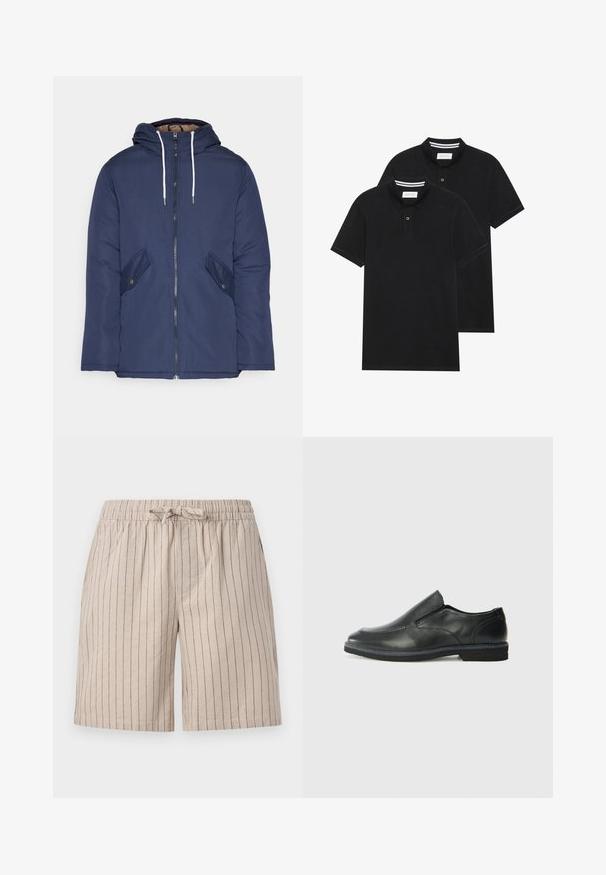 Navy blue padded jacket with a hood, featuring a front zipper, two side pockets with buttons, and white drawstrings.; Two black polo shirts, short-sleeved, cotton material, featuring a classic collar, two-button placket, and white striped accents inside the collar.; Beige striped shorts made of lightweight fabric. Features an elastic waistband with a drawstring and side pockets. Vertical pinstripes detail.; Black leather slip-on shoe with a smooth upper, stitched accents, rounded toe, and a low rubber heel. Sole features minimal tread.