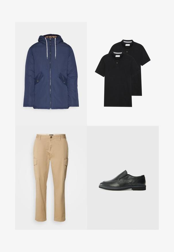 Námorně modrá prošívaná bunda s kapucí, která má přední zip, dvě boční kapsy s knoflíky a bílé šňůrky.; Dvě černé polokošile s krátkým rukávem z bavlny, s klasickým límcem, dvouknoflíkovou légou a bílými pruhovanými akcenty uvnitř límce.; Bežové cargo kalhoty vyrobené z bavlny. Mají dvě boční kapsy, zapínání na knoflík a rovný střih. Hladká textura, neformální styl.; Černá kožená nazouvací bota s hladkým svrškem, prošívanými detaily, zaoblenou špičkou a nízkým gumovým podpatkem. Podešev má minimální vzorek.