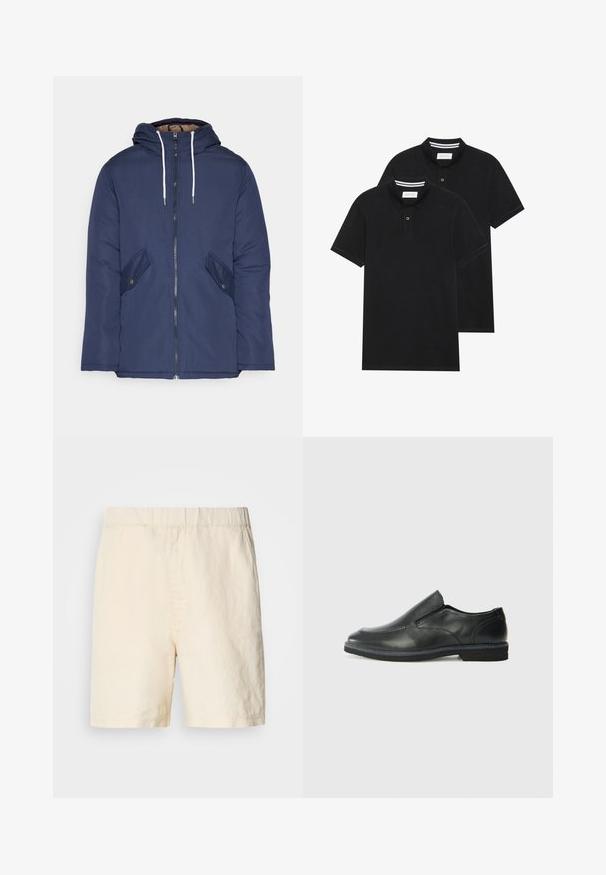 Navy blue padded jacket with a hood, featuring a front zipper, two side pockets with buttons, and white drawstrings.; Two black polo shirts, short-sleeved, cotton material, featuring a classic collar, two-button placket, and white striped accents inside the collar.; Light beige shorts made of breathable fabric. Features an elastic waistband and a relaxed fit. Simple design without patterns or hardware.; Black leather slip-on shoe with a smooth upper, stitched accents, rounded toe, and a low rubber heel. Sole features minimal tread.