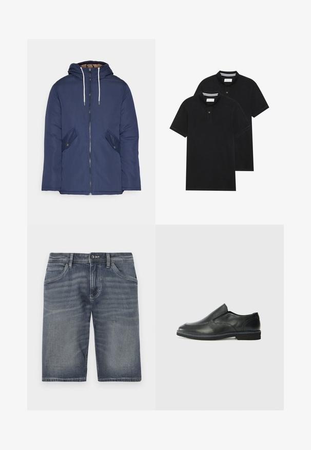 Navy blue padded jacket with a hood, featuring a front zipper, two side pockets with buttons, and white drawstrings.; Two black polo shirts, short-sleeved, cotton material, featuring a classic collar, two-button placket, and white striped accents inside the collar.; Denim shorts in a faded blue hue, featuring a button and zipper closure, five pockets, and visible stitching detail.; Black leather slip-on shoe with a smooth upper, stitched accents, rounded toe, and a low rubber heel. Sole features minimal tread.