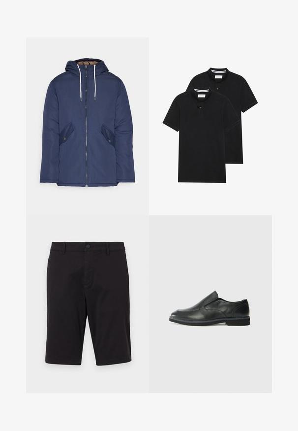 Marineblauwe gewatteerde jas met een capuchon, voorzien van een rits aan de voorkant, twee zijzakken met knopen en witte trekkoorden.; Twee zwarte polo shirts, met korte mouwen, van katoen, met een klassieke kraag, een knoopsluiting met twee knopen en witte gestreepte accenten aan de binnenkant van de kraag.; Zwarte shorts van een lichtgewicht stof. Voorzien van een knoopsluiting, riemlussen, twee zijzakken en een rechte snit.; Zwarte leren instapper met een soepele bovenkant, gestikte accenten, ronde neus en een lage rubberen hak. De zool heeft minimale profiel.