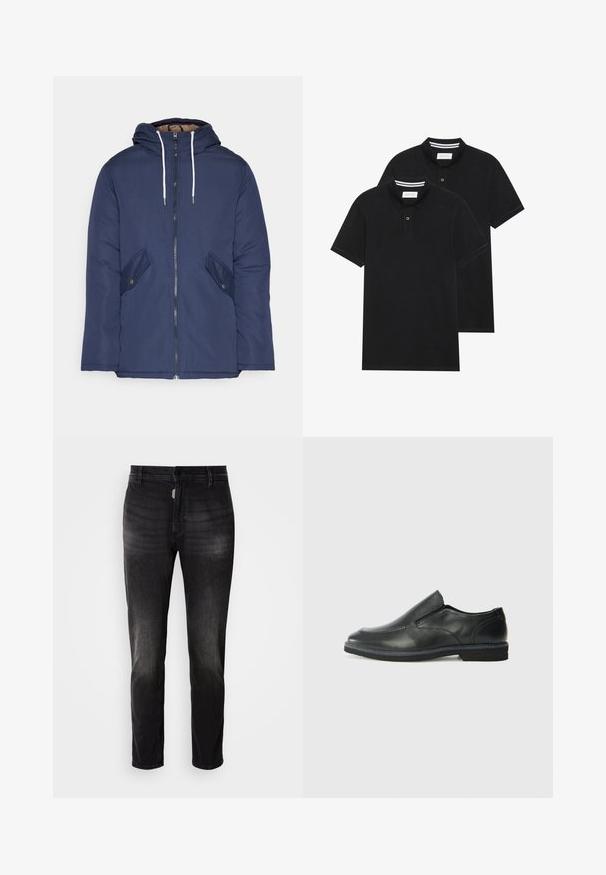 Námornícky modrá vystužená bunda s kapucňou, so zipsom vpredu, dvomi bočnými vreckami s gombíkmi a bielymi šnúrkami.; Dvé čierne polo tričká, krátke rukávy, vyrobené z bavlny, s klasickým golierom, dvojitým gombíkom a bielymi pruhmi vo vnútri goliera.; Čierne denimové džínsy so strihom rovného strihu, s gombíkovým zapínaním, piatimi vreckami a jemným vyblednutím textúry látky.; Čierny kožený nazúvací topánka s hladkým zvrškom, prešitými akcentmi, zaoblenou špičkou a nízkym gumovým podpätkom. Podošva má minimálny dezén.
