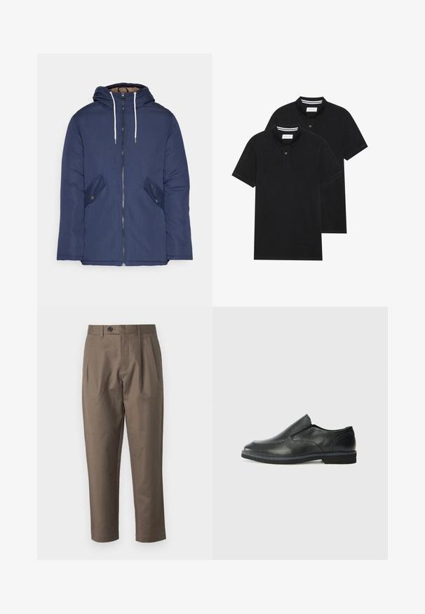 Marineblå polstret jakke med hette, med glidelås foran, to sidelommer med knapper og hvite snorer.; To svarte polo skjorter, kortermet, i bomullsmateriale, med krage i klassisk stil, to-knapps knappestolpe, og hvite striper inni kragen.; Brune, skreddersydde bukser med flat front, to sidelommer og knappelukking. Glatt, lett stoff med rett ben-design.; Sorte skinn slip-on sko med en jevn overflate, stikking detaljer, rund tå og en lav gummihæl. Sålen har minimal mønstring.