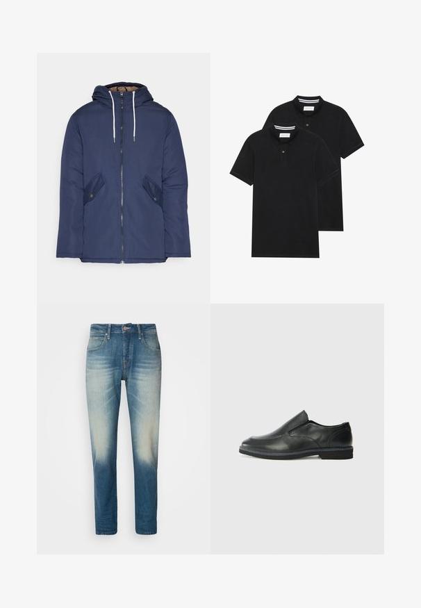 Námorně modrá prošívaná bunda s kapucí, která má přední zip, dvě boční kapsy s knoflíky a bílé šňůrky.; Dvě černé polokošile s krátkým rukávem z bavlny, s klasickým límcem, dvouknoflíkovou légou a bílými pruhovanými akcenty uvnitř límce.; Světle modré džíny z denimu s vybledlým vzhledem, pěti kapsami, zapínáním na knoflík, rovnými nohavicemi a kontrastním prošíváním.; Černá kožená nazouvací bota s hladkým svrškem, prošívanými detaily, zaoblenou špičkou a nízkým gumovým podpatkem. Podešev má minimální vzorek.