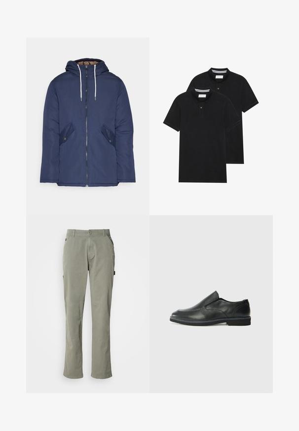 Veste matelassée bleu marine avec capuche, dotée d'une fermeture éclair à l'avant, de deux poches latérales avec boutons et de cordons de serrage blancs.; Deux polos noirs, à manches courtes, en coton, avec un col classique, une patte de boutonnage à deux boutons, et des accents rayés blancs à l'intérieur du col.; Pantalon en coton vert clair à coupe droite, avec des poches devant, une fermeture à bouton et une taille avec passants de ceinture.; Chaussure slip-on en cuir noir avec une tige lisse, des accents cousus, un bout arrondi et un petit talon en caoutchouc. La semelle présente un profil de traction minimal.