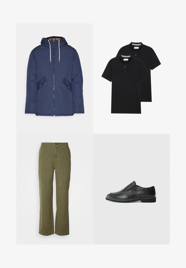 Navy plava podstava jakna s kapuljačom, koja ima prednji patentni zatvarač, dva bočna džepa s gumbima i bijele špage.; Dva crna polo majice, kratki rukavi, pamučni materijal, sa klasičnom ovratnikom, čepom sa dva gumba i bijelim prugastim detaljima unutar ovratnika.; Maslinasto zelene pamučne hlače ravnog kroja, s vidljivim kopčanjem na dugme i naglascima na koljenima za dodatni detalj i strukturu.; Crne kožne cipele na sklapanje s glatkom gornjom površinom, prošivenim detaljima, zaobljenim vrhom i niskim gumene potplate. Potplat ima minimalne uzorke.