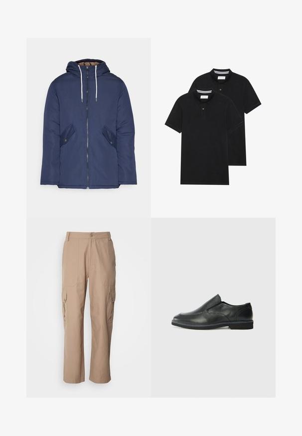 Marineblauwe gewatteerde jas met een capuchon, voorzien van een rits aan de voorkant, twee zijzakken met knopen en witte trekkoorden.; Twee zwarte polo shirts, met korte mouwen, van katoen, met een klassieke kraag, een knoopsluiting met twee knopen en witte gestreepte accenten aan de binnenkant van de kraag.; Khaki cargobroek gemaakt van lichtgewicht stof, met twee zijzakken, een knoopsluiting en een recht toe recht aan ontwerp.; Zwarte leren instapper met een soepele bovenkant, gestikte accenten, ronde neus en een lage rubberen hak. De zool heeft minimale profiel.