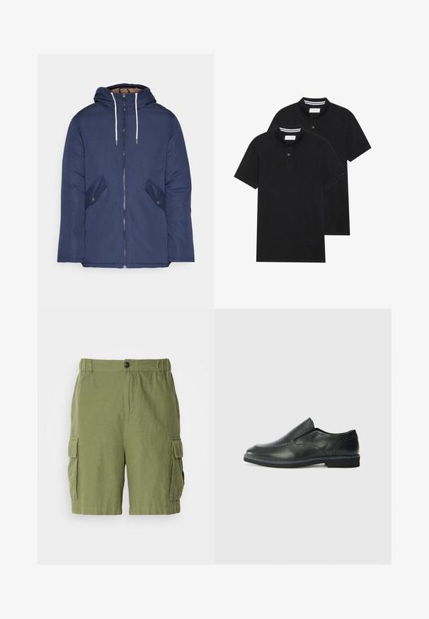 Mørkeblå polstret jakke med hætte, fremhævet af en frontlynlås, to sidelommer med knapper og hvide snore.; To sorte polo T-shirts, kortærmede, lavet af bomuldsstof, med en klassisk krave, to-knaps placket og hvide stribede detaljer indeni kraven.; Grønne cargo shorts med en afslappet pasform, lavet af letvægtsstof. Har sidelommer og en frontknaplukning.; Sorte læder slip-on sko med en glat overdel, syede detaljer, rund tå og en lav gummihæl. Sålen har minimal profil.