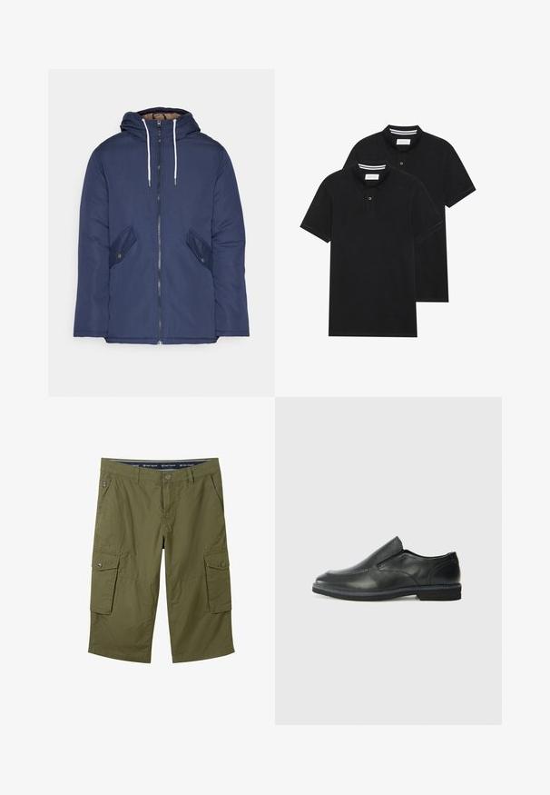 Navy blue padded jacket with a hood, featuring a front zipper, two side pockets with buttons, and white drawstrings.; Two black polo shirts, short-sleeved, cotton material, featuring a classic collar, two-button placket, and white striped accents inside the collar.; Olive green cargo shorts made of lightweight fabric with two side pockets and two cargo pockets. Features a button closure and belt loops.; Black leather slip-on shoe with a smooth upper, stitched accents, rounded toe, and a low rubber heel. Sole features minimal tread.