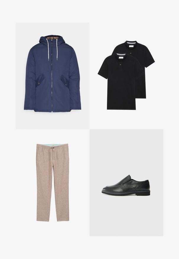 Giacca imbottita blu navy con cappuccio, dotata di zip frontale, due tasche laterali con bottoni e lacci bianchi.; Due magliette polo nere, con maniche corte, in cotone, con colletto classico, pattina a due bottoni e dettagli a righe bianche all'interno del colletto.; Pantaloni marrone chiaro, con una texture morbida e un fit rilassato, dotati di una vita elasticizzata e un cordoncino per un comfort regolabile.; Scarpa nera in pelle con inserto scivolare, superiore liscio, dettagli cuciti, punta arrotondata e tacco in gomma basso. La suola presenta un battistrada minimale.