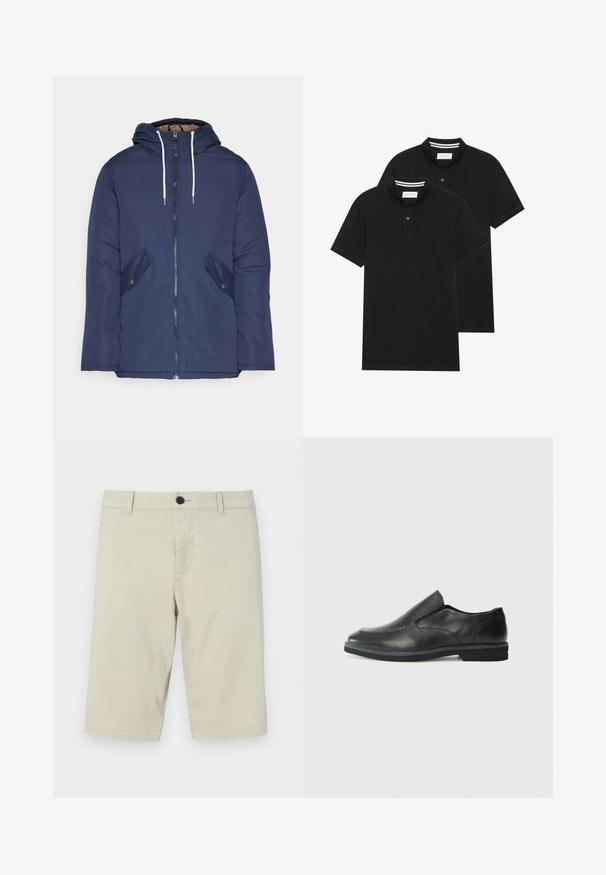 Veste matelassée bleu marine avec capuche, dotée d'une fermeture éclair à l'avant, de deux poches latérales avec boutons et de cordons de serrage blancs.; Deux polos noirs, à manches courtes, en coton, avec un col classique, une patte de boutonnage à deux boutons, et des accents rayés blancs à l'intérieur du col.; Shorts beiges en mélange de coton léger, avec un devant plat, des passants de ceinture, une fermeture à bouton et une longueur au genou.; Chaussure slip-on en cuir noir avec une tige lisse, des accents cousus, un bout arrondi et un petit talon en caoutchouc. La semelle présente un profil de traction minimal.