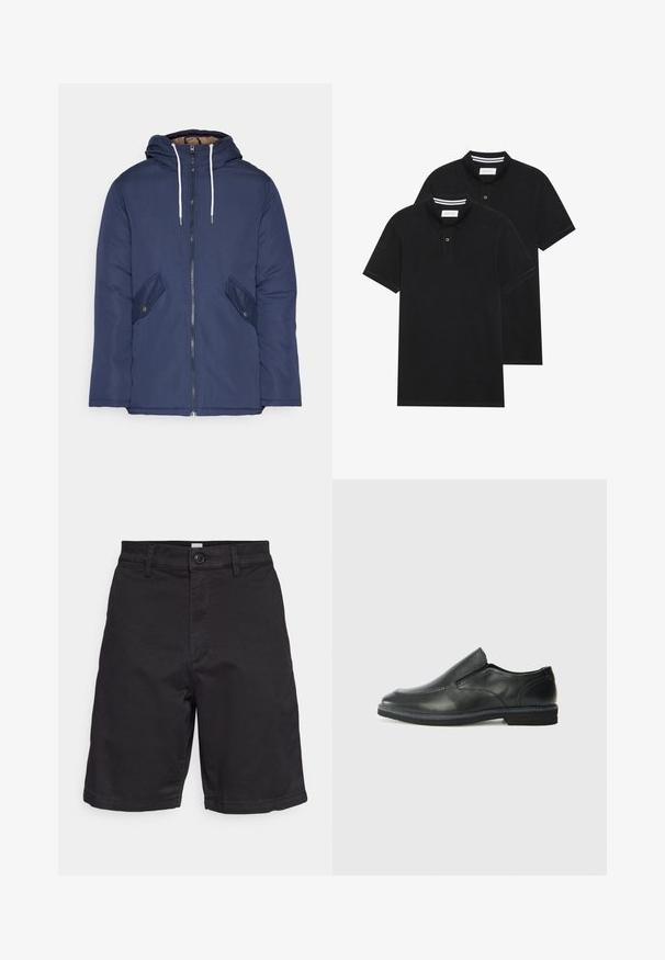 Marineblauwe gewatteerde jas met een capuchon, voorzien van een rits aan de voorkant, twee zijzakken met knopen en witte trekkoorden.; Twee zwarte polo shirts, met korte mouwen, van katoen, met een klassieke kraag, een knoopsluiting met twee knopen en witte gestreepte accenten aan de binnenkant van de kraag.; GAP ESSENTIAL SHORT - Shorts - true black; Zwarte leren instapper met een soepele bovenkant, gestikte accenten, ronde neus en een lage rubberen hak. De zool heeft minimale profiel.