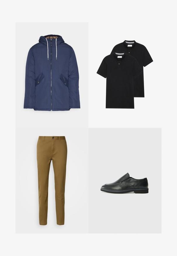 Tumesinine vahtkatseline jakk, millel on kapuuts, esilukk, kaks küljetaskut nupuga ja valged tõmblukud.; Kaks musta polo särki, lühikeste varrukatega, puuvillane materjal, klassikalise kraega, kahe nupuga kinnitusega, valgete triipudega krae sisepinnal.; Pruunid puuvillased püksid sirge lõikega, nupuga kinni ja vöödega, siledast tekstuurist ning ilma nähtavate mustrite või aksessuaarideta.; Must musta laia suuga king, millel on sile ülemine osa, õmmeldud detailid, ümmargune nina ja madal kummist konts. Tallal on minimaalne mustr.