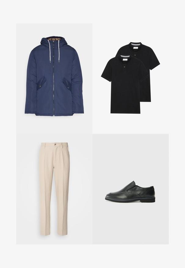 Veste matelassée bleu marine avec capuche, dotée d'une fermeture éclair à l'avant, de deux poches latérales avec boutons et de cordons de serrage blancs.; Deux polos noirs, à manches courtes, en coton, avec un col classique, une patte de boutonnage à deux boutons, et des accents rayés blancs à l'intérieur du col.; Pantalon beige sur mesure en tissu léger, doté d'une coupe droite, de deux poches avant et d'une fermeture à un bouton.; Chaussure slip-on en cuir noir avec une tige lisse, des accents cousus, un bout arrondi et un petit talon en caoutchouc. La semelle présente un profil de traction minimal.