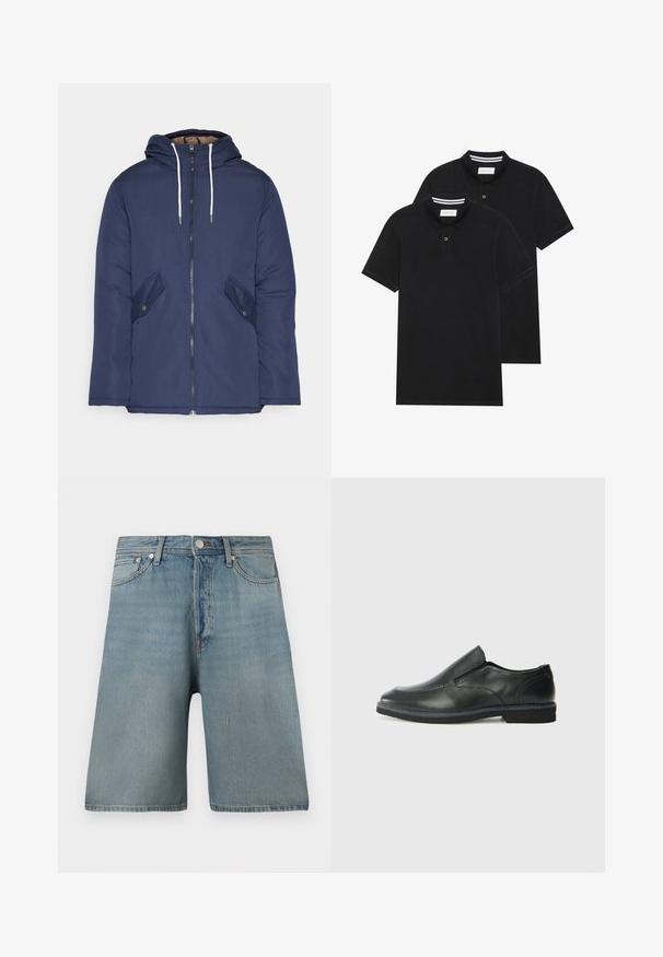 Námornícky modrá vystužená bunda s kapucňou, so zipsom vpredu, dvomi bočnými vreckami s gombíkmi a bielymi šnúrkami.; Dvé čierne polo tričká, krátke rukávy, vyrobené z bavlny, s klasickým golierom, dvojitým gombíkom a bielymi pruhmi vo vnútri goliera.; Svetlomodré denim šortky s voľným strihom, piatimi vreckami a tradičným gombíkovým zapínaním, so zosvetlenými škvrnami pre opotrebovaný vzhľad.; Čierny kožený nazúvací topánka s hladkým zvrškom, prešitými akcentmi, zaoblenou špičkou a nízkym gumovým podpätkom. Podošva má minimálny dezén.