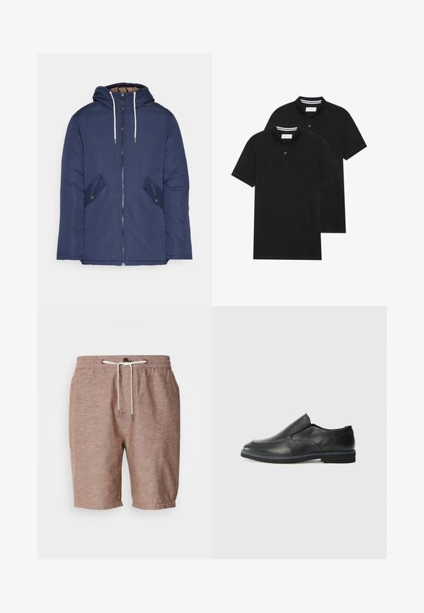 Marineblauwe gewatteerde jas met een capuchon, voorzien van een rits aan de voorkant, twee zijzakken met knopen en witte trekkoorden.; Twee zwarte polo shirts, met korte mouwen, van katoen, met een klassieke kraag, een knoopsluiting met twee knopen en witte gestreepte accenten aan de binnenkant van de kraag.; Korte broeken van bruin linnen met een elastische tailleband, trekkoordsluiting en opgerolde zoom. Bevat subtiele textuur en minimale designelementen.; Zwarte leren instapper met een soepele bovenkant, gestikte accenten, ronde neus en een lage rubberen hak. De zool heeft minimale profiel.